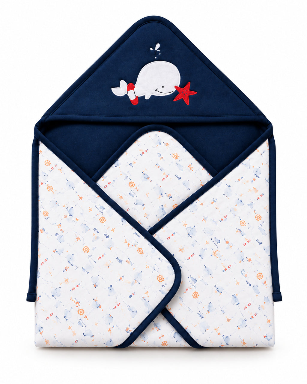 Funny Bunny navy hooded baby wrap, full product on white