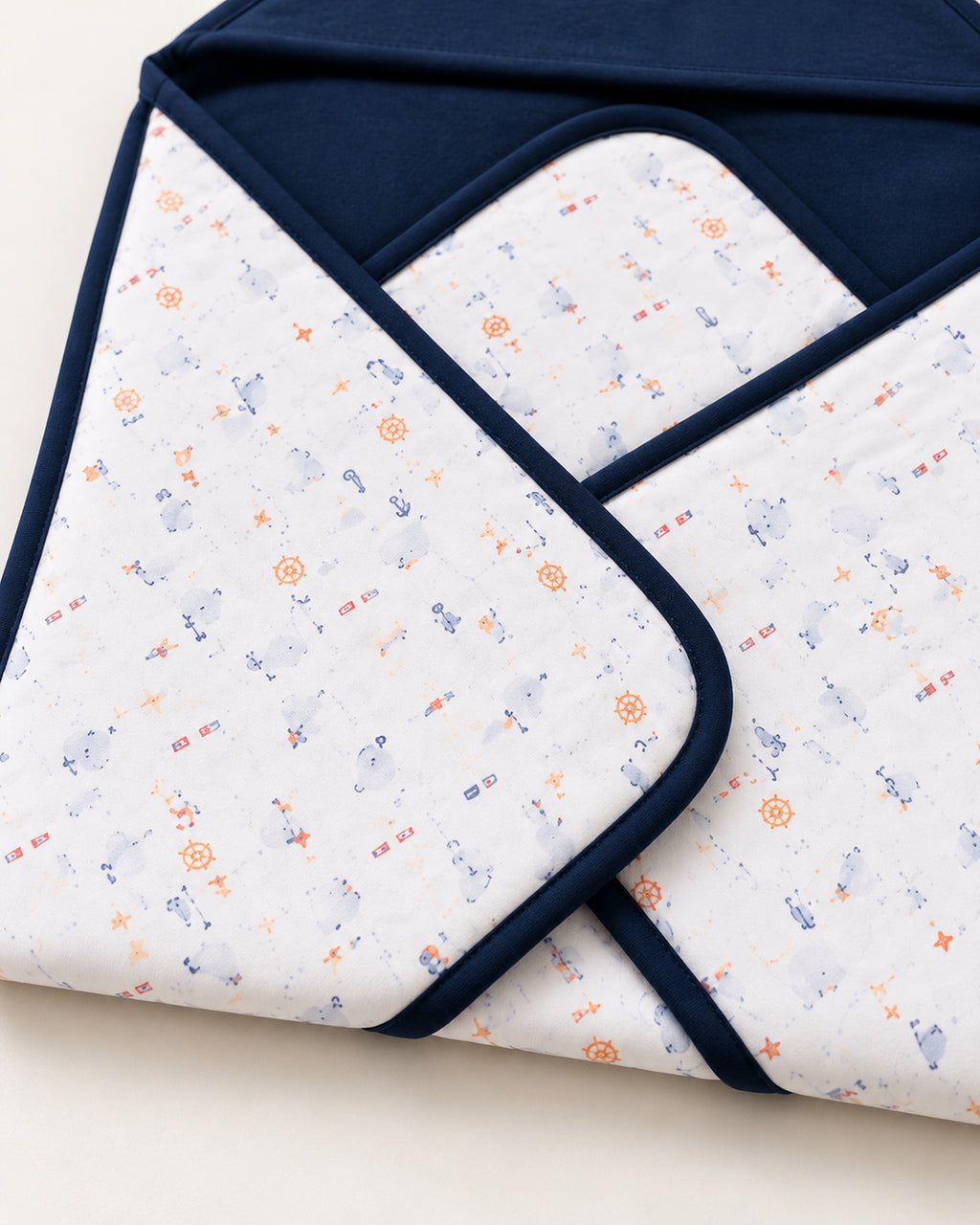 Funny Bunny navy hooded baby wrap, crossover and binding detail