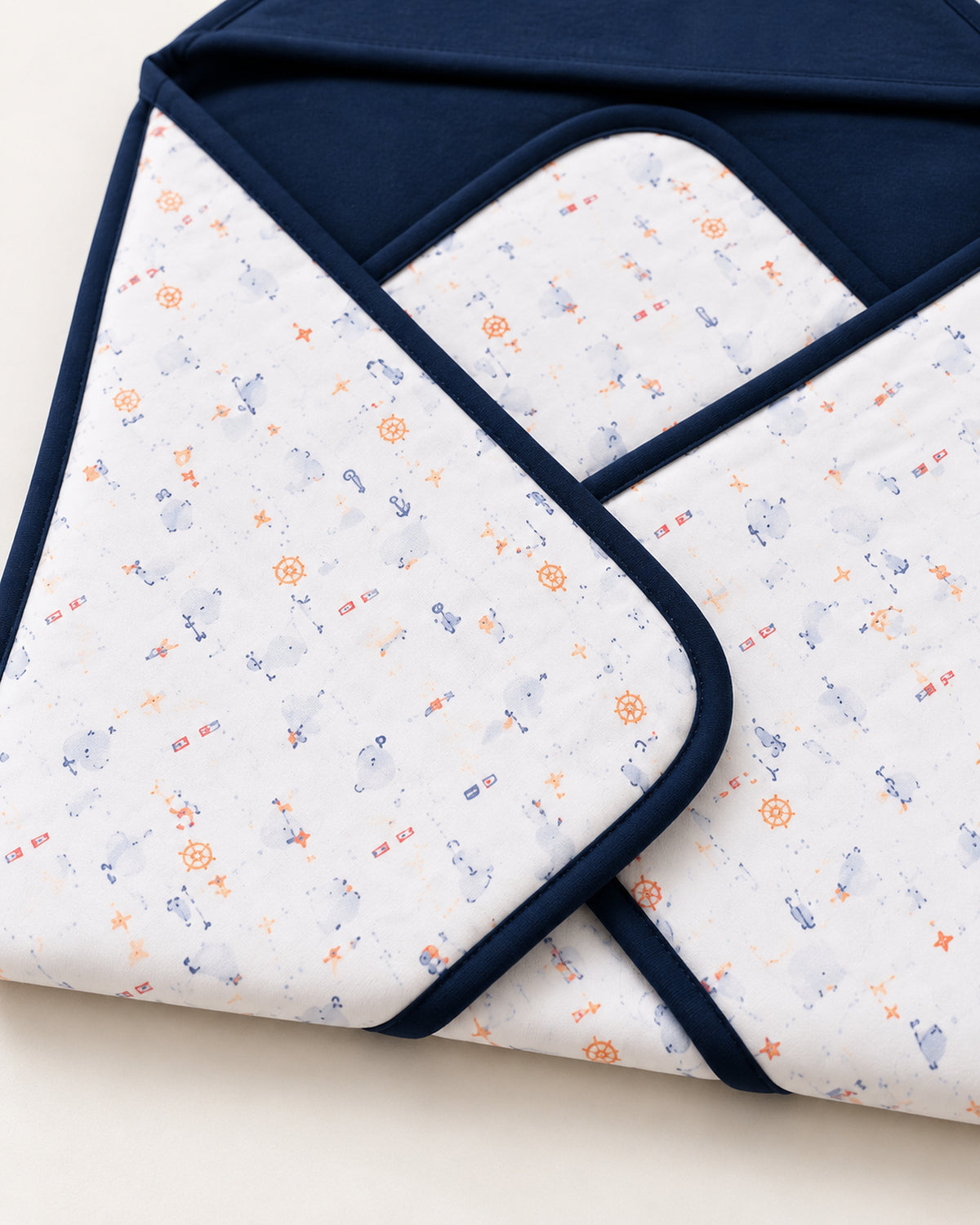 Funny Bunny navy hooded baby wrap, crossover and binding detail