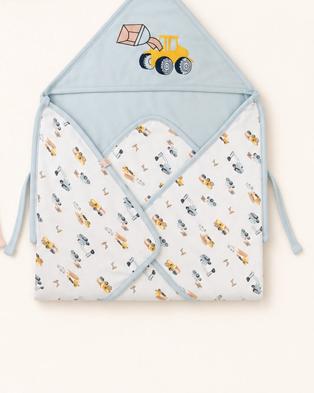 Printed hooded baby wrap — Light Blue Vehicles design detail
