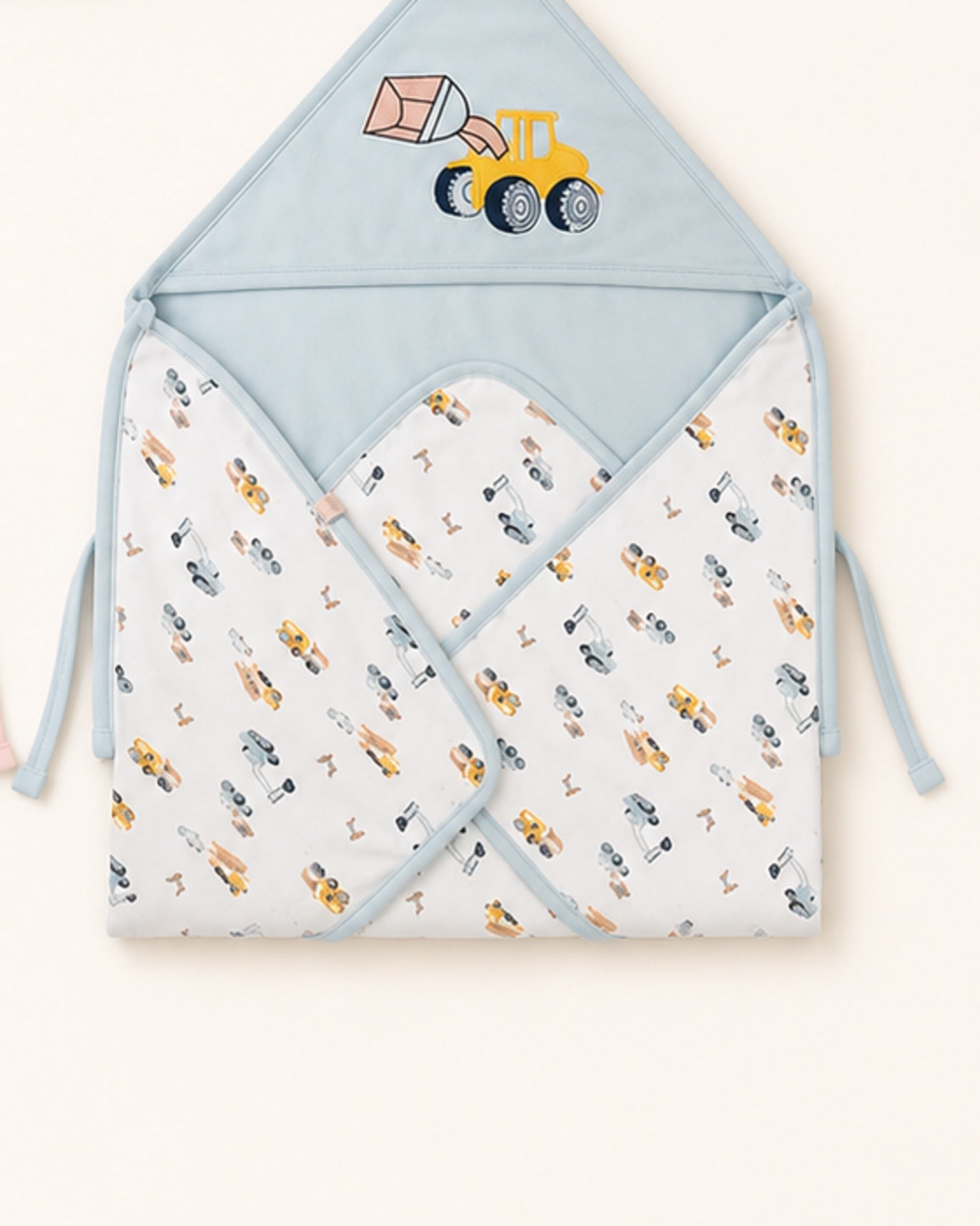 Printed hooded baby wrap — Light Blue Vehicles design detail