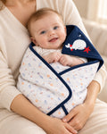 Funny Bunny navy hooded baby wrap, supported baby model