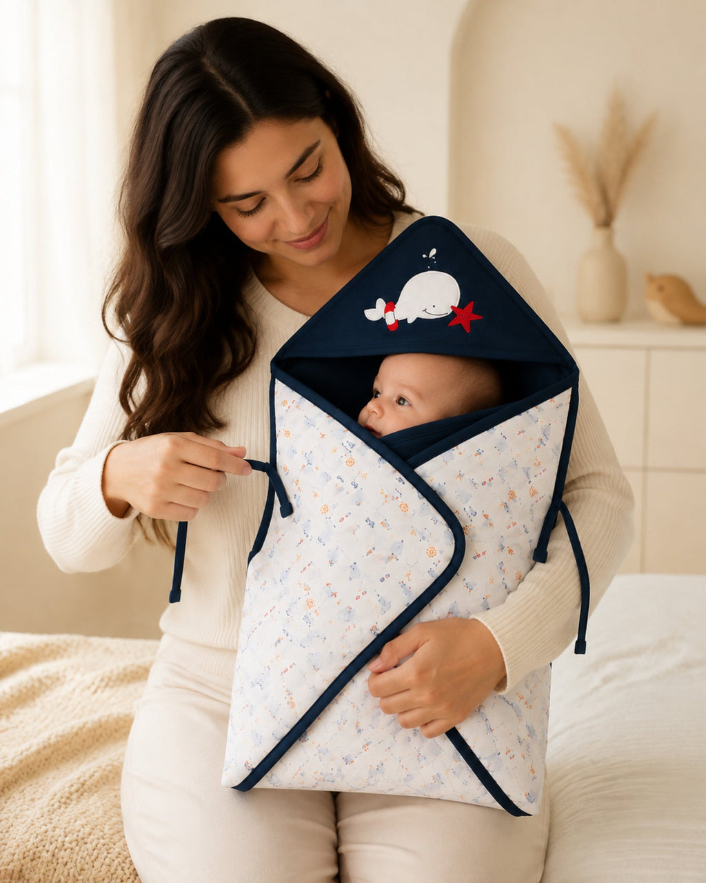 Printed hooded baby wrap — supervised caregiver usage