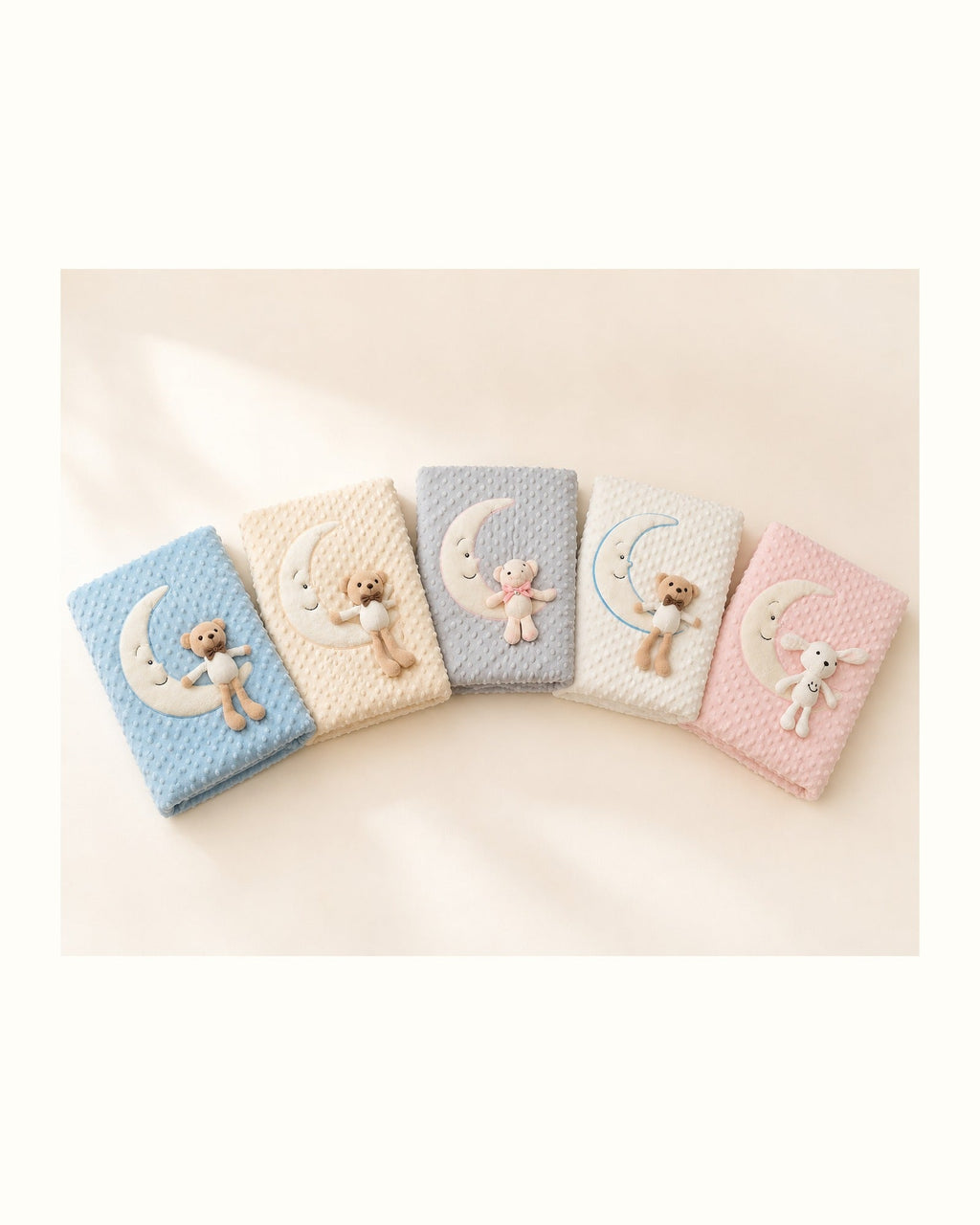 Crescent moon baby blanket with plush toy — five-color composition