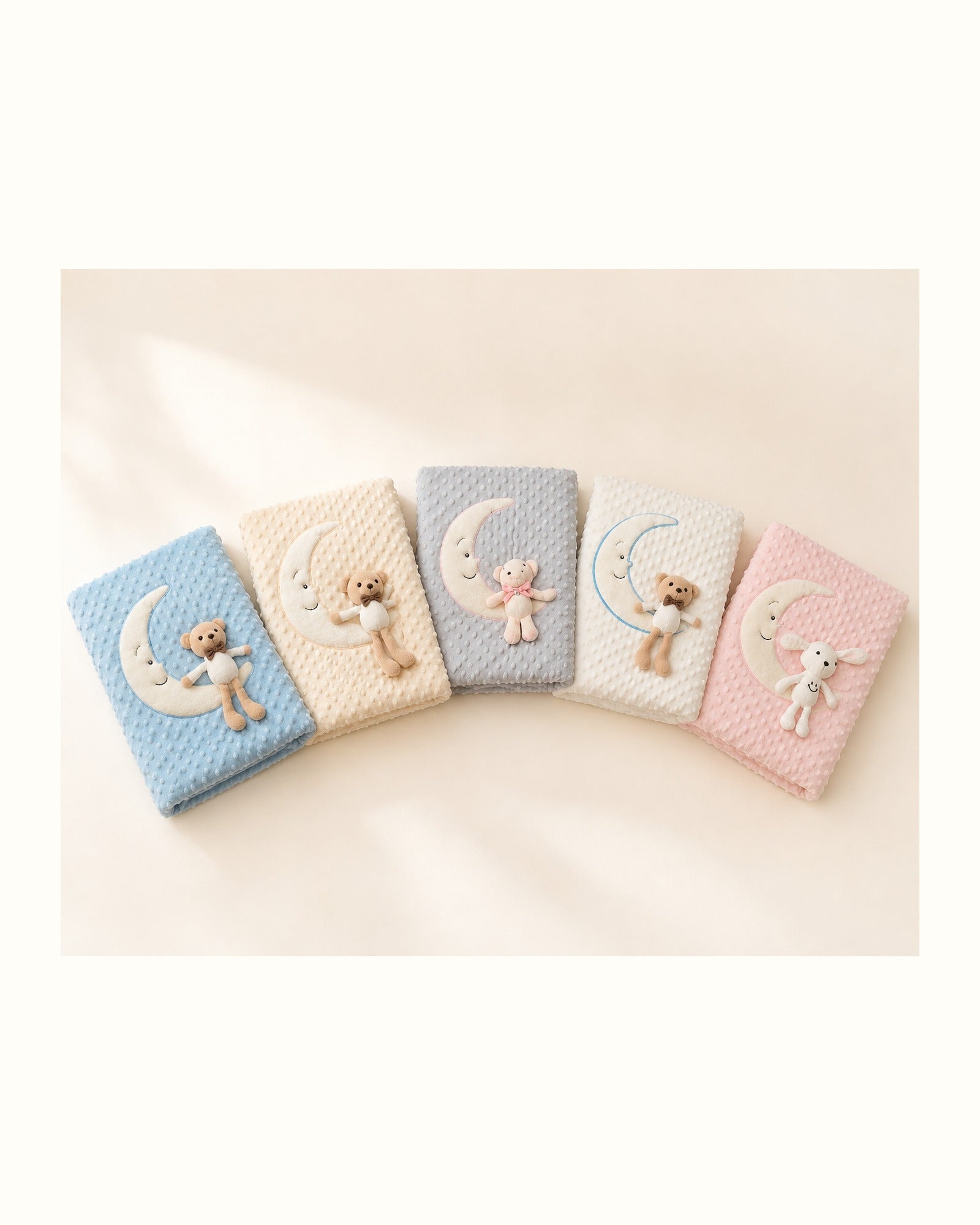 Crescent moon baby blanket with plush toy — five-color composition