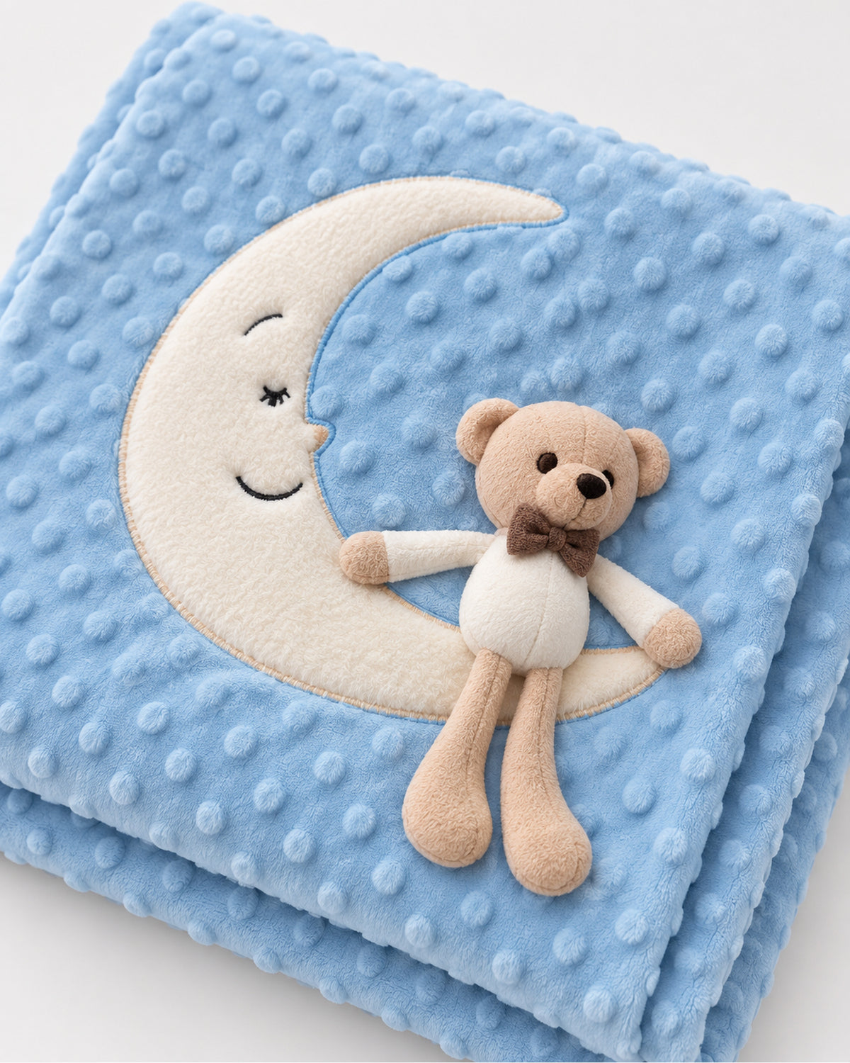Sky blue crescent moon baby blanket with teddy, applique and plush texture detail