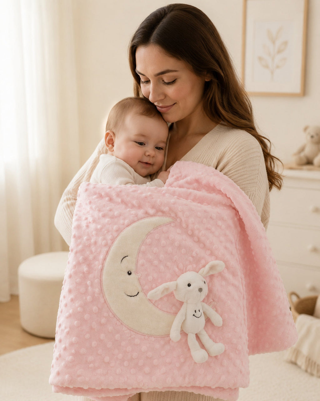 Crescent moon baby blanket — supervised cuddle usage