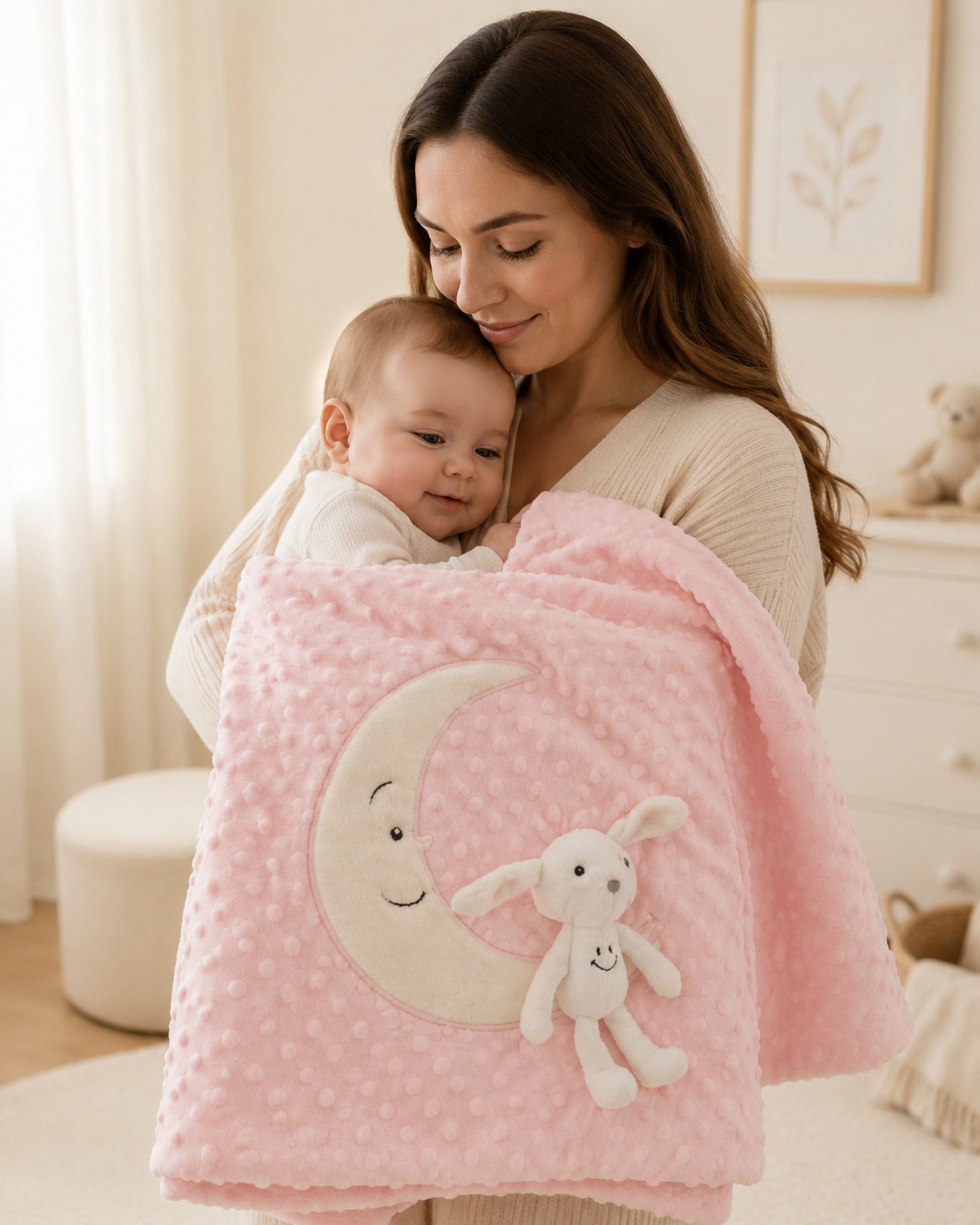 Crescent moon baby blanket — supervised cuddle usage