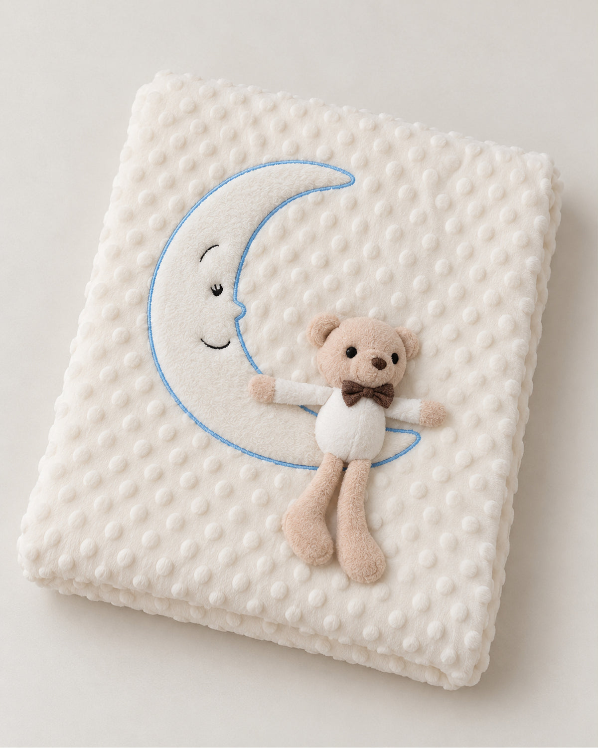 Ivory crescent moon baby blanket with blue applique outline and beige teddy