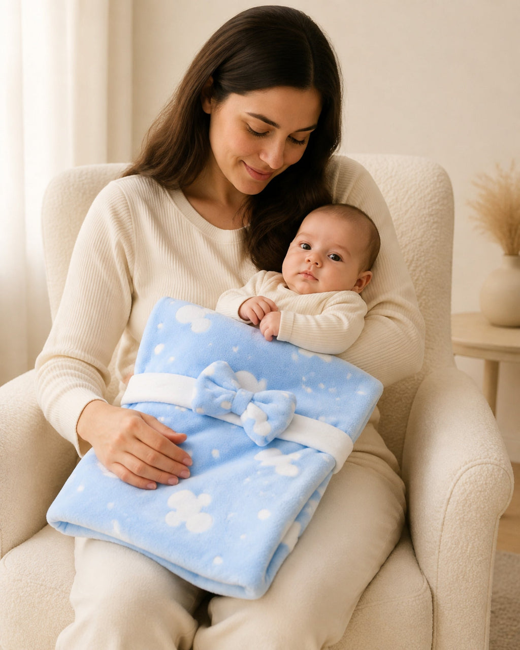 Baby blanket with bow — supervised cuddle usage