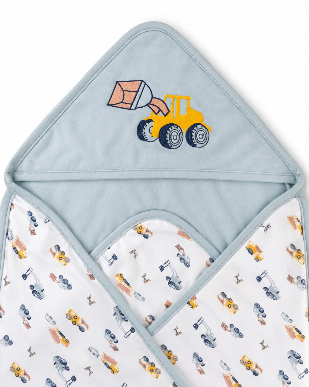 Funny Bunny light blue hooded baby wrap, hood embroidery