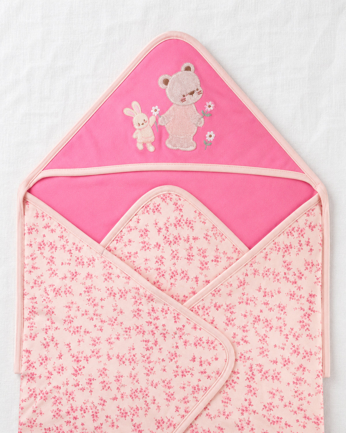 Funny Bunny pink hooded baby wrap, hood embroidery