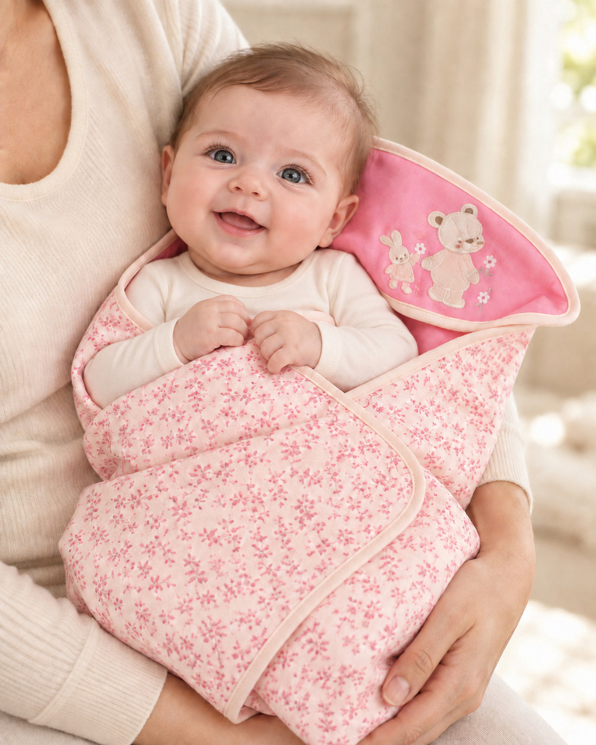 Funny Bunny pink hooded baby wrap, clothed baby held by mother