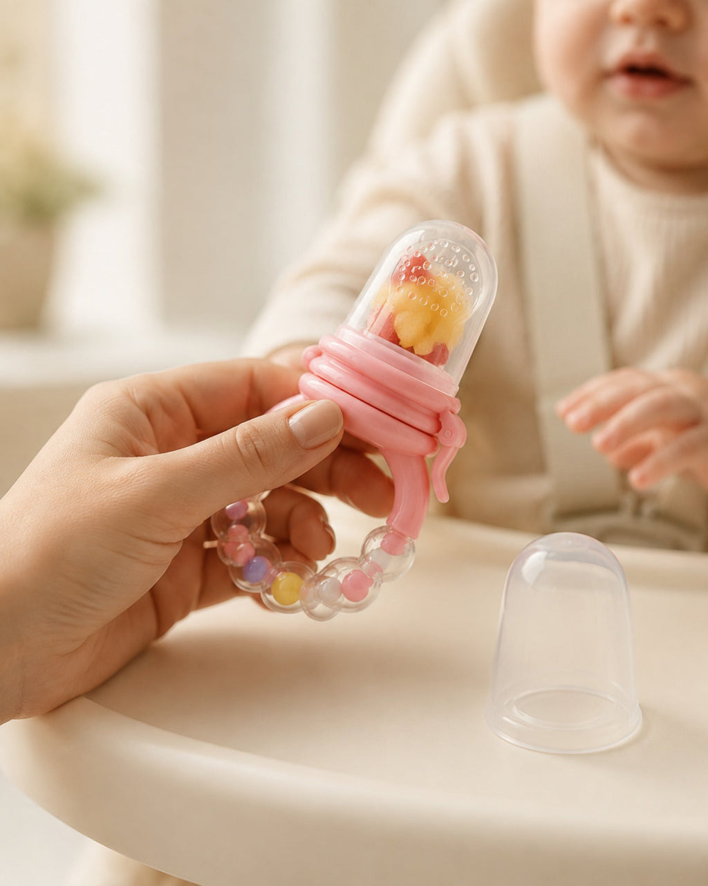 Fruit feeder teether — supervised feeding usage
