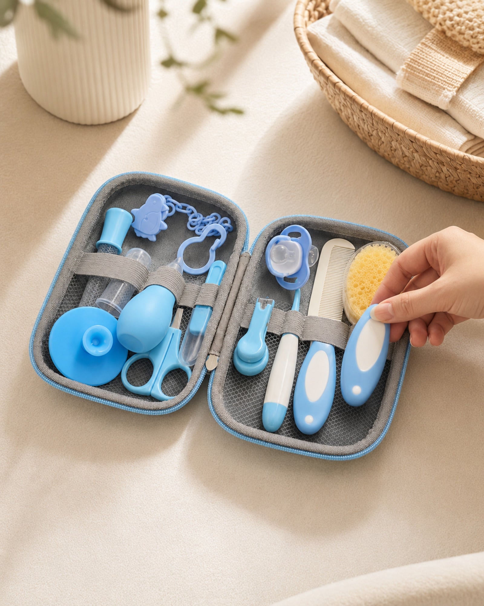Thirteen-piece baby care kit — organized care usage