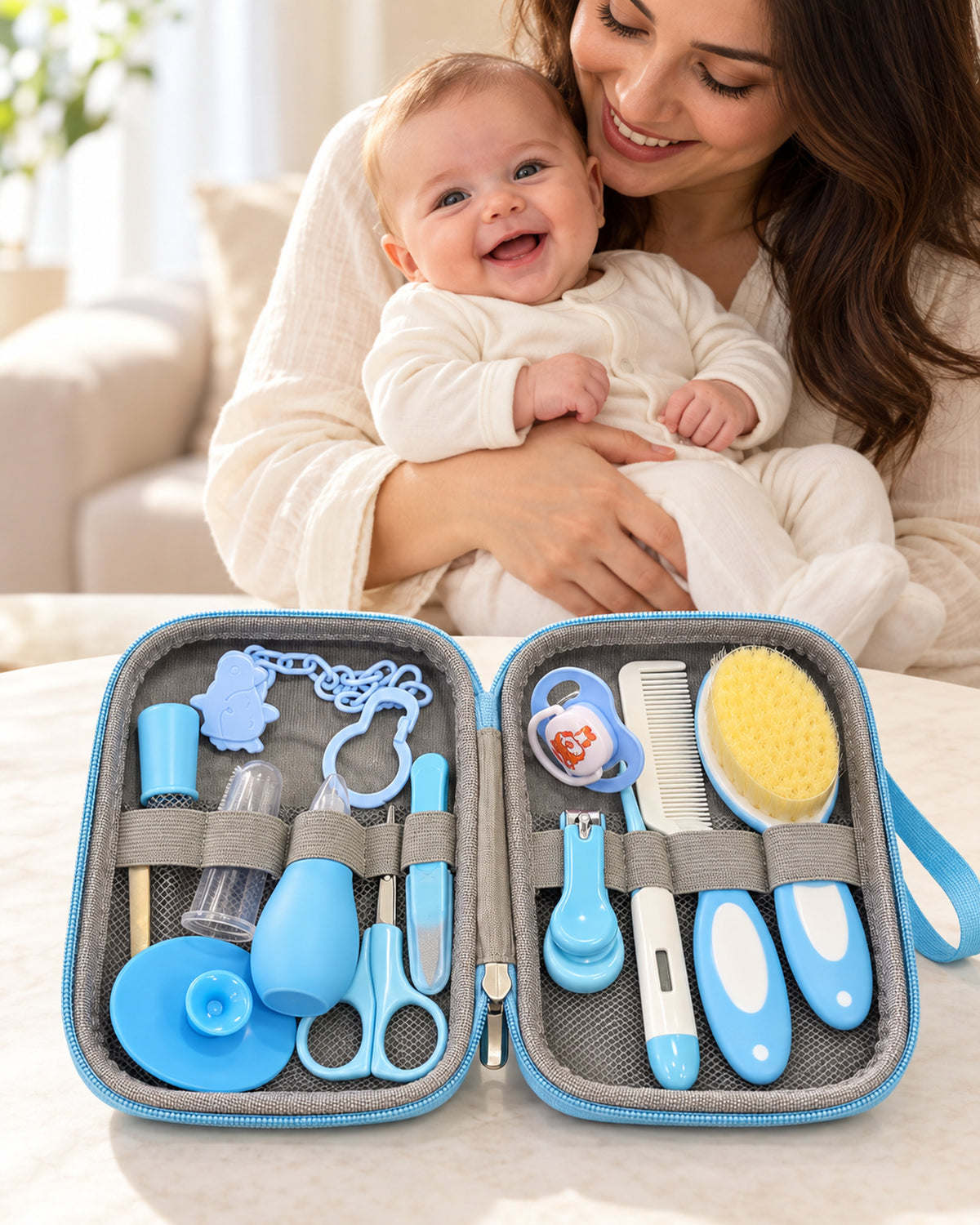 Baby care kit, Sky mother and fully clothed baby with open kit