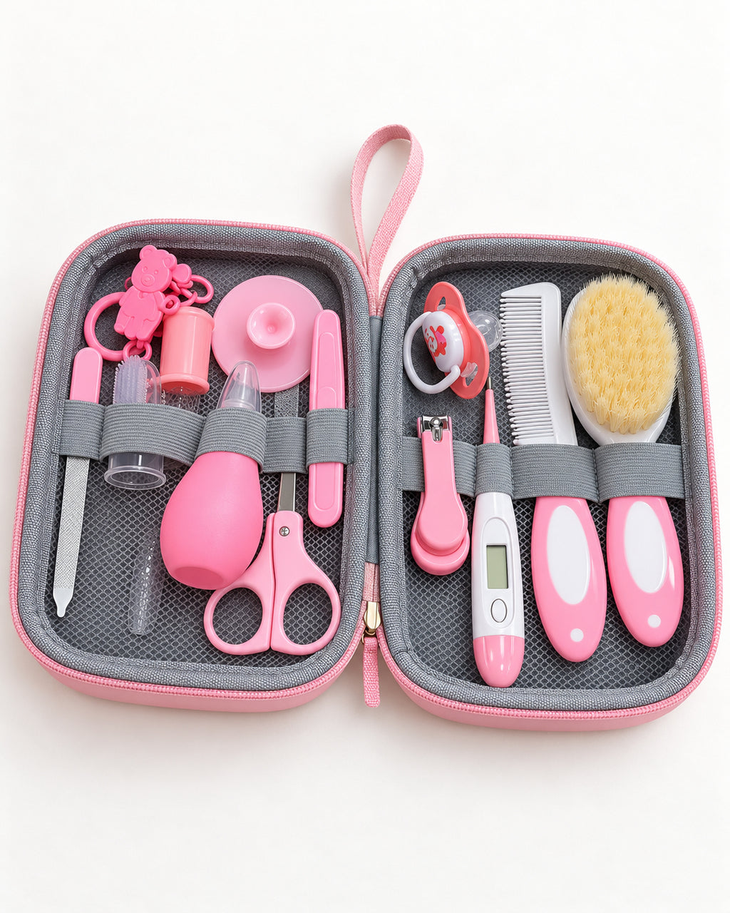Baby care kit, Pink tools organized inside the open case