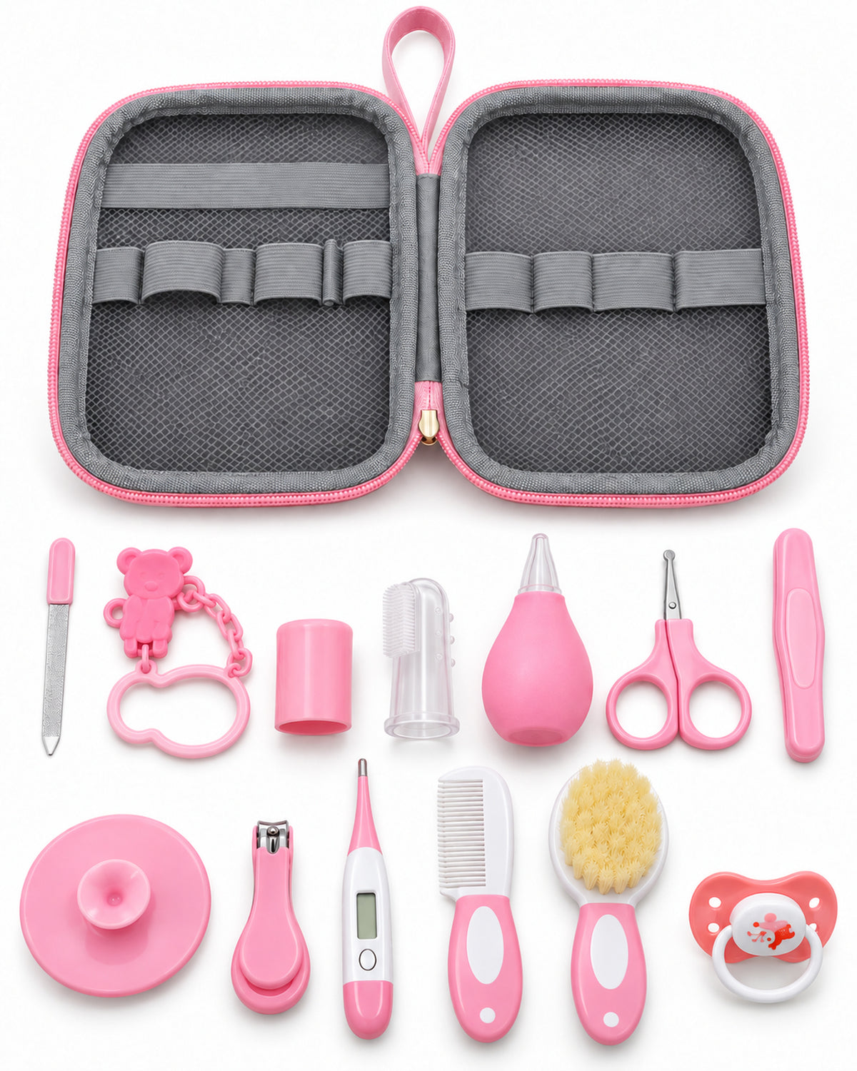 Baby care kit, Pink complete contents on white