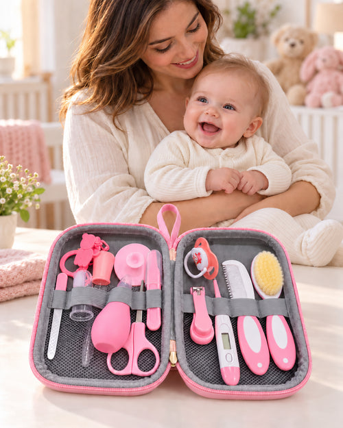 Baby care kit, Pink mother and fully clothed baby with open kit