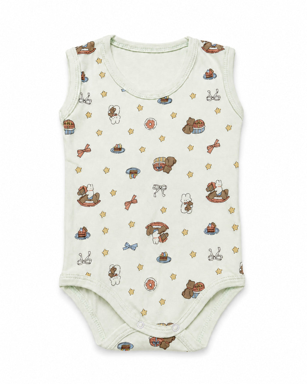 Pale mint sleeveless baby bodysuit with rocking horse, teddy bear and ribbon print on pure white background – front view