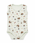Pale mint sleeveless baby bodysuit with rocking horse, teddy bear and ribbon print on pure white background – front view