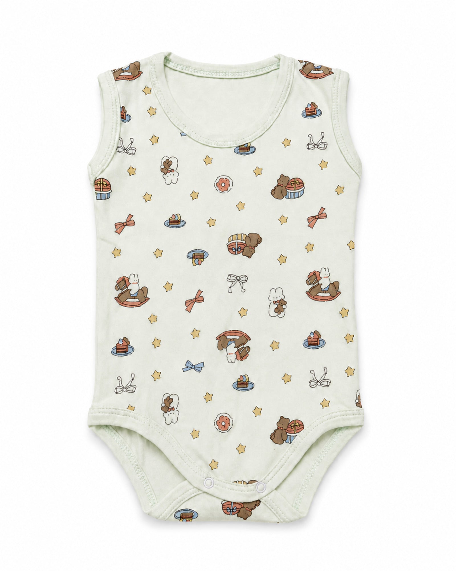 Pale mint sleeveless baby bodysuit with rocking horse, teddy bear and ribbon print on pure white background – front view