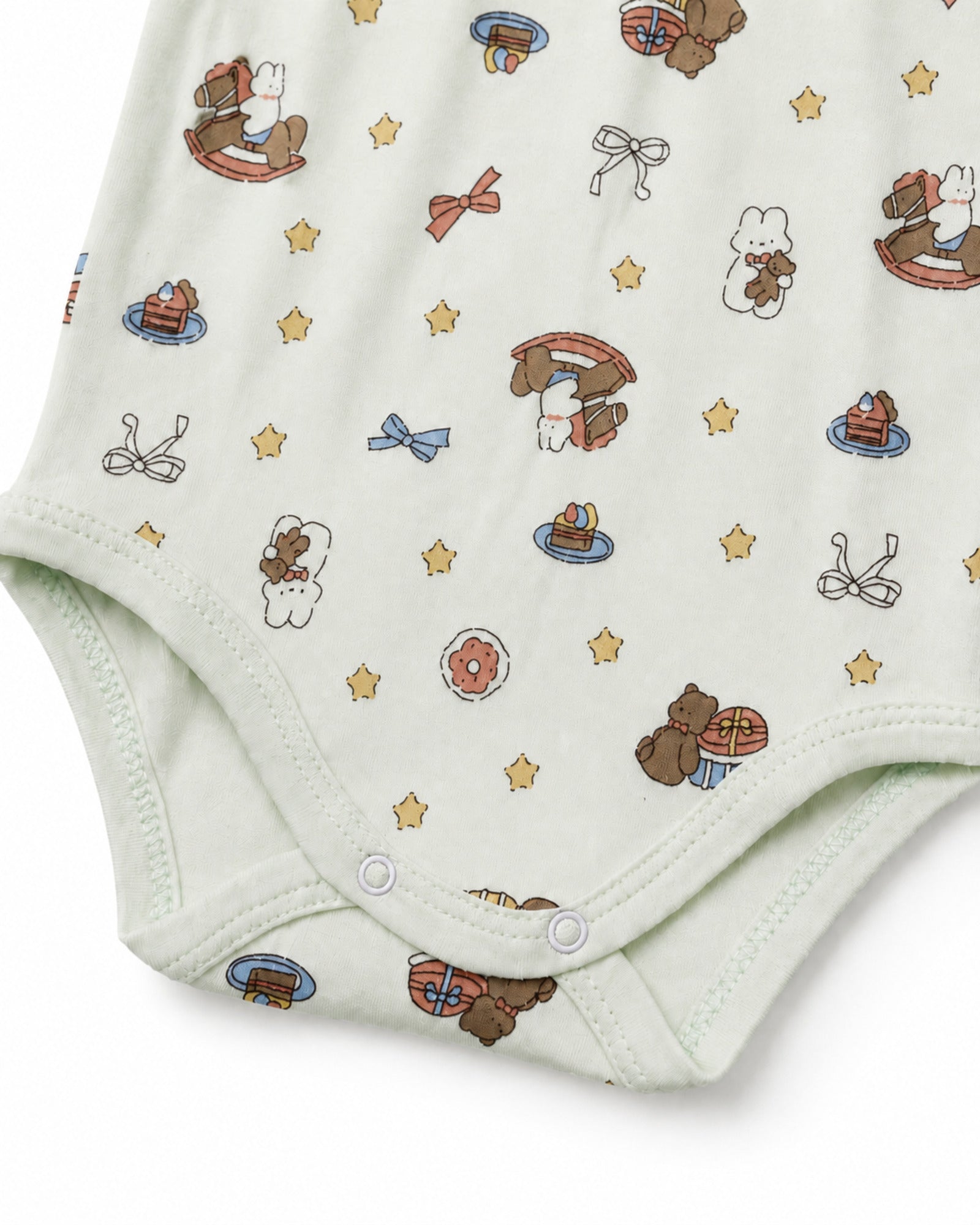 Pale mint baby bodysuit print, stitching and crotch snap detail on pure white background