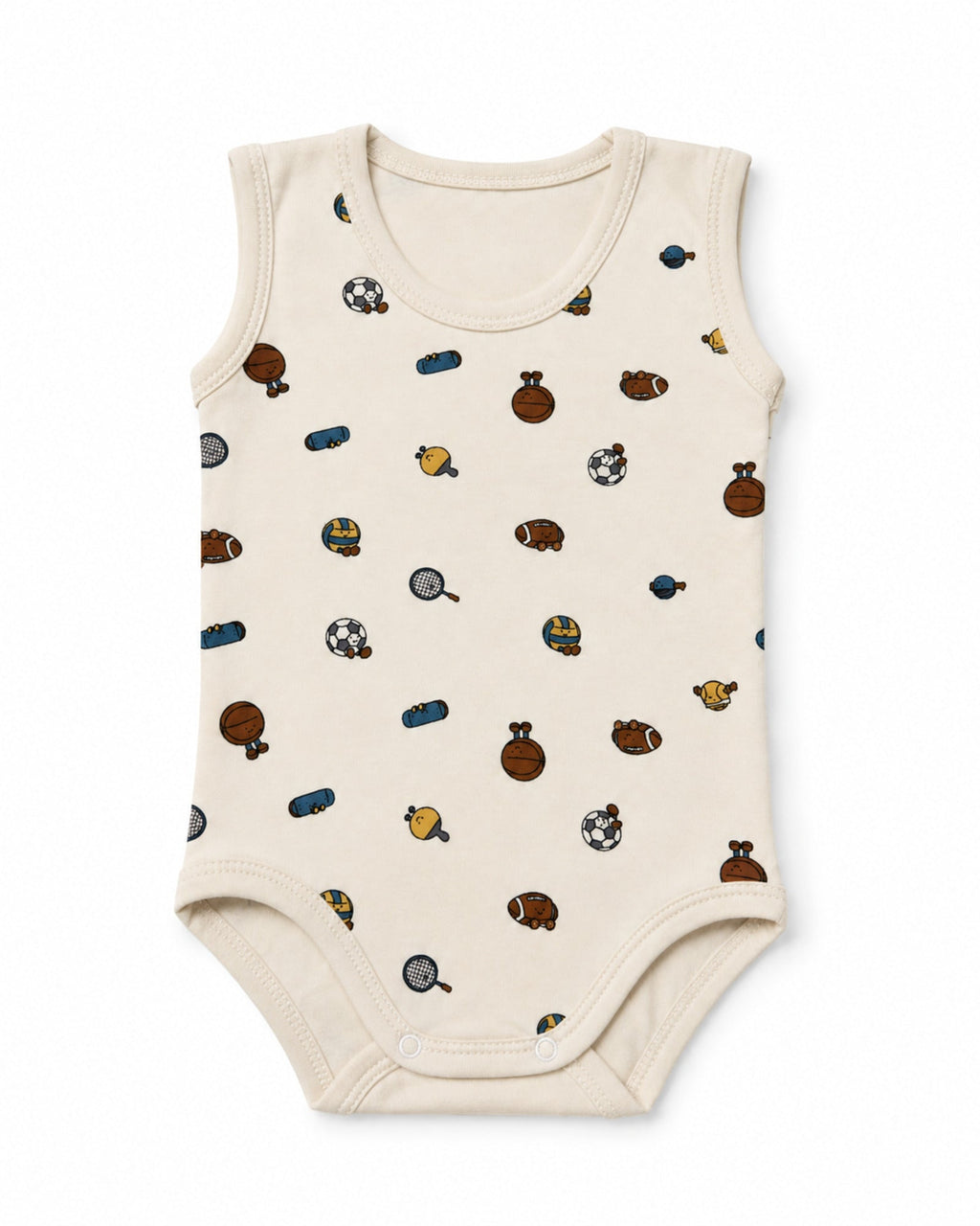 Cream sleeveless baby bodysuit with sports print on pure white background – front view