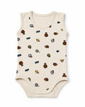 Cream sleeveless baby bodysuit with sports print on pure white background – front view