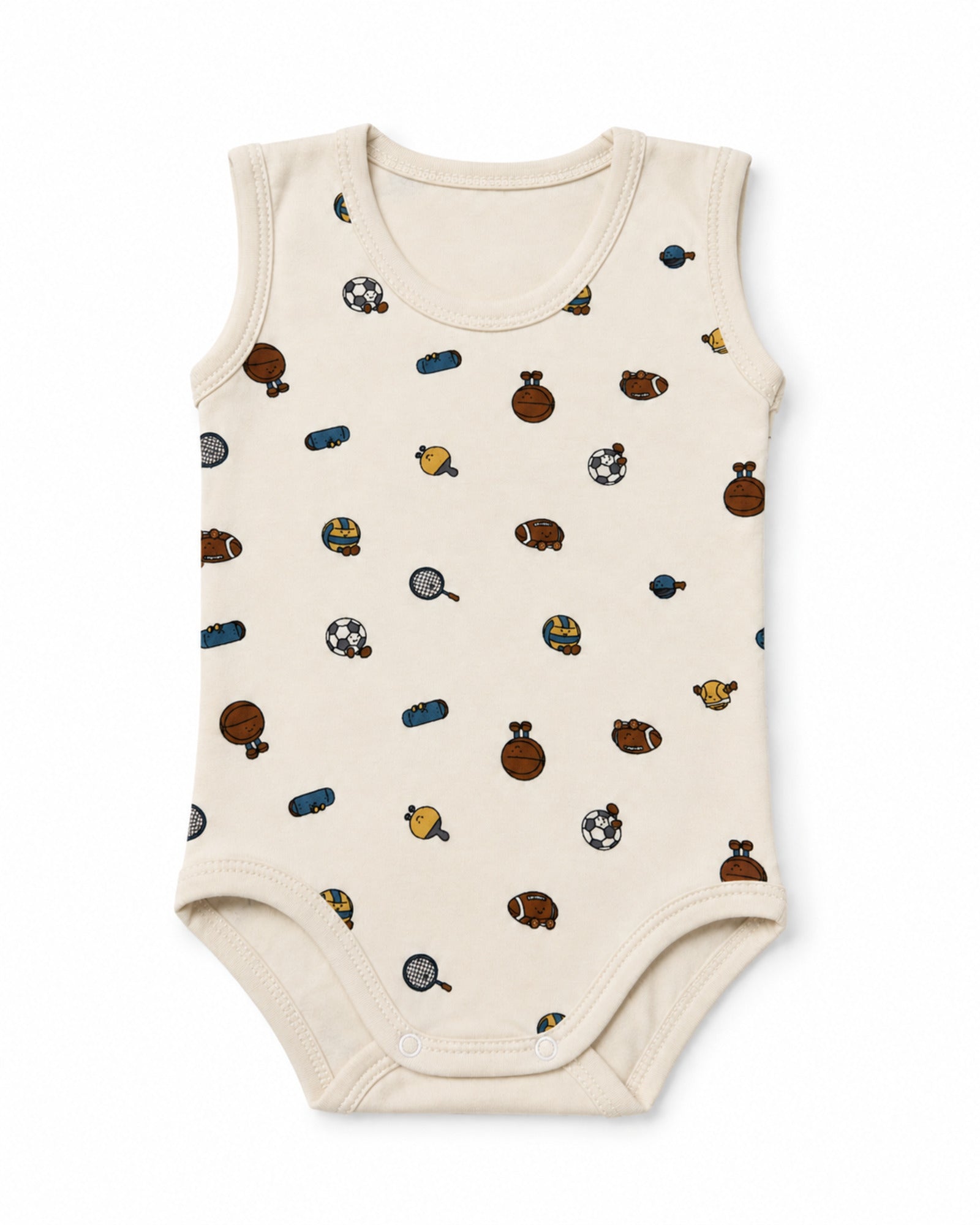 Cream sleeveless baby bodysuit with sports print on pure white background – front view