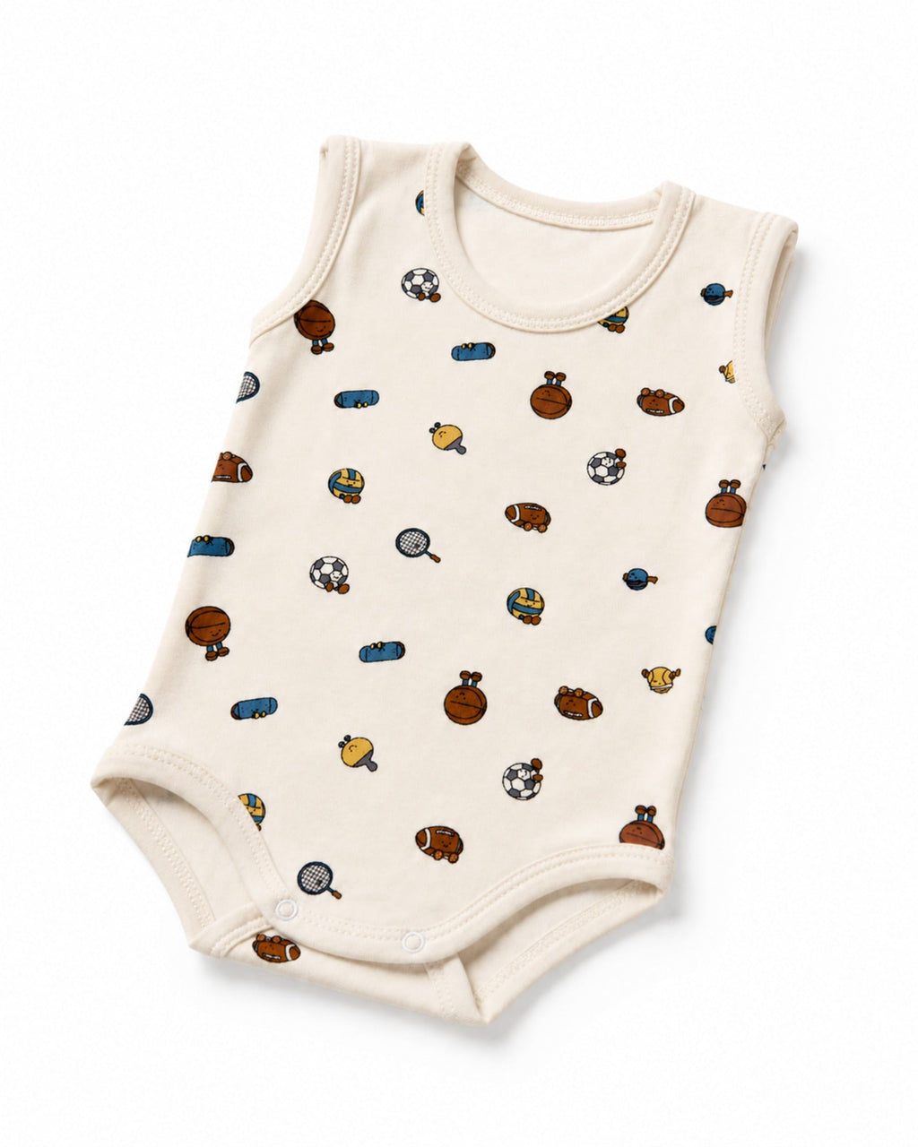 Cream sleeveless baby bodysuit in angled composition on pure white background