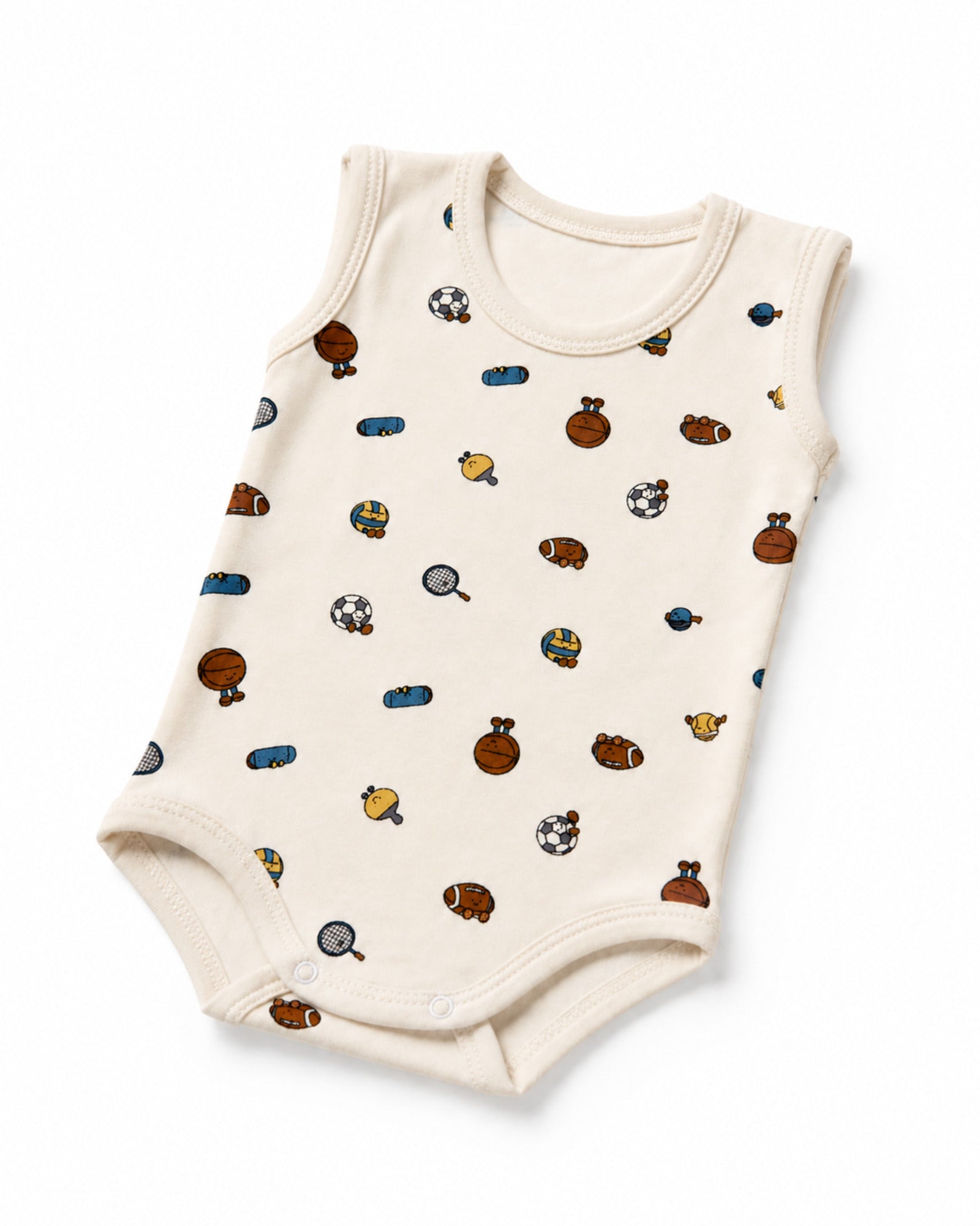 Cream sleeveless baby bodysuit in angled composition on pure white background