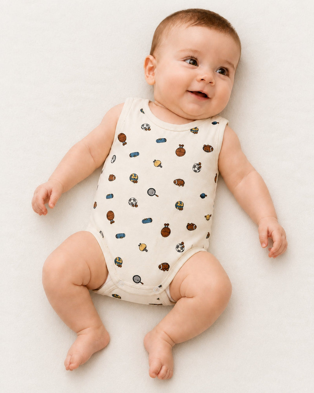 Baby wearing the cream sports-print sleeveless bodysuit in a bright natural use-case setting