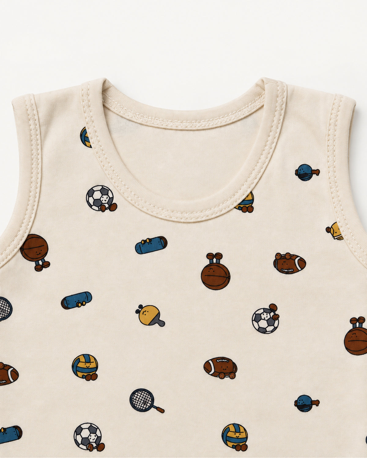Cream sports print sleeveless bodysuit neckline and shoulder binding detail