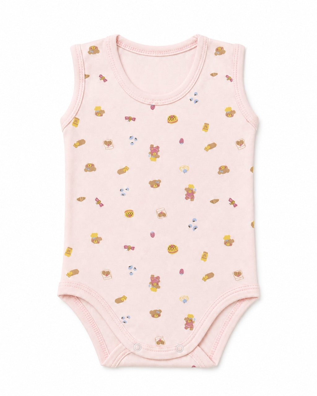 Pale pink sleeveless baby bodysuit with teddy bear and treats print on pure white background – front view