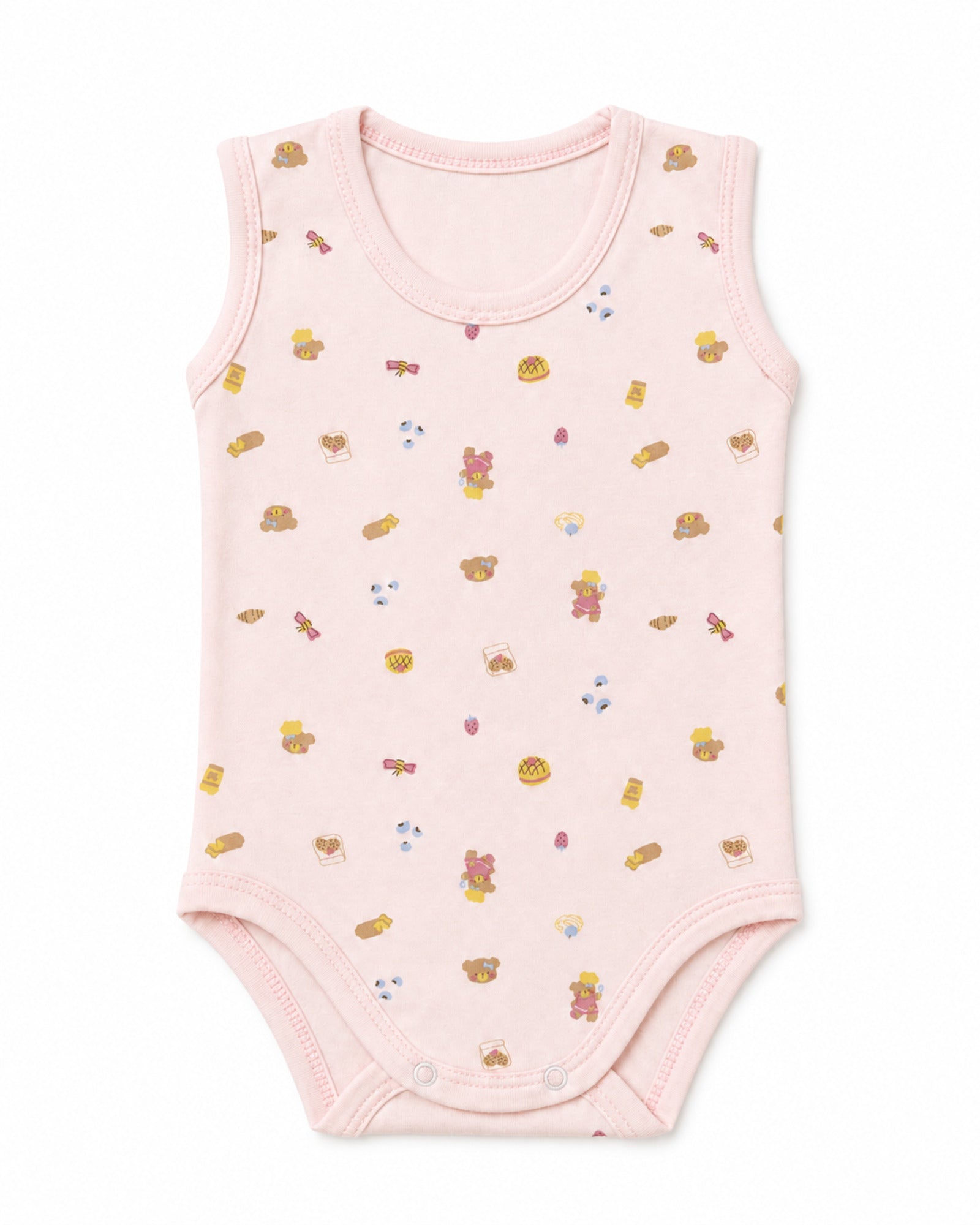 Pale pink sleeveless baby bodysuit with teddy bear and treats print on pure white background – front view