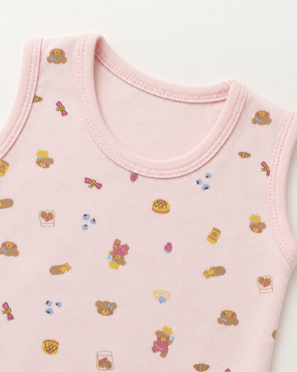 Pale rose teddy bear and treats bodysuit neckline and armhole stitching detail