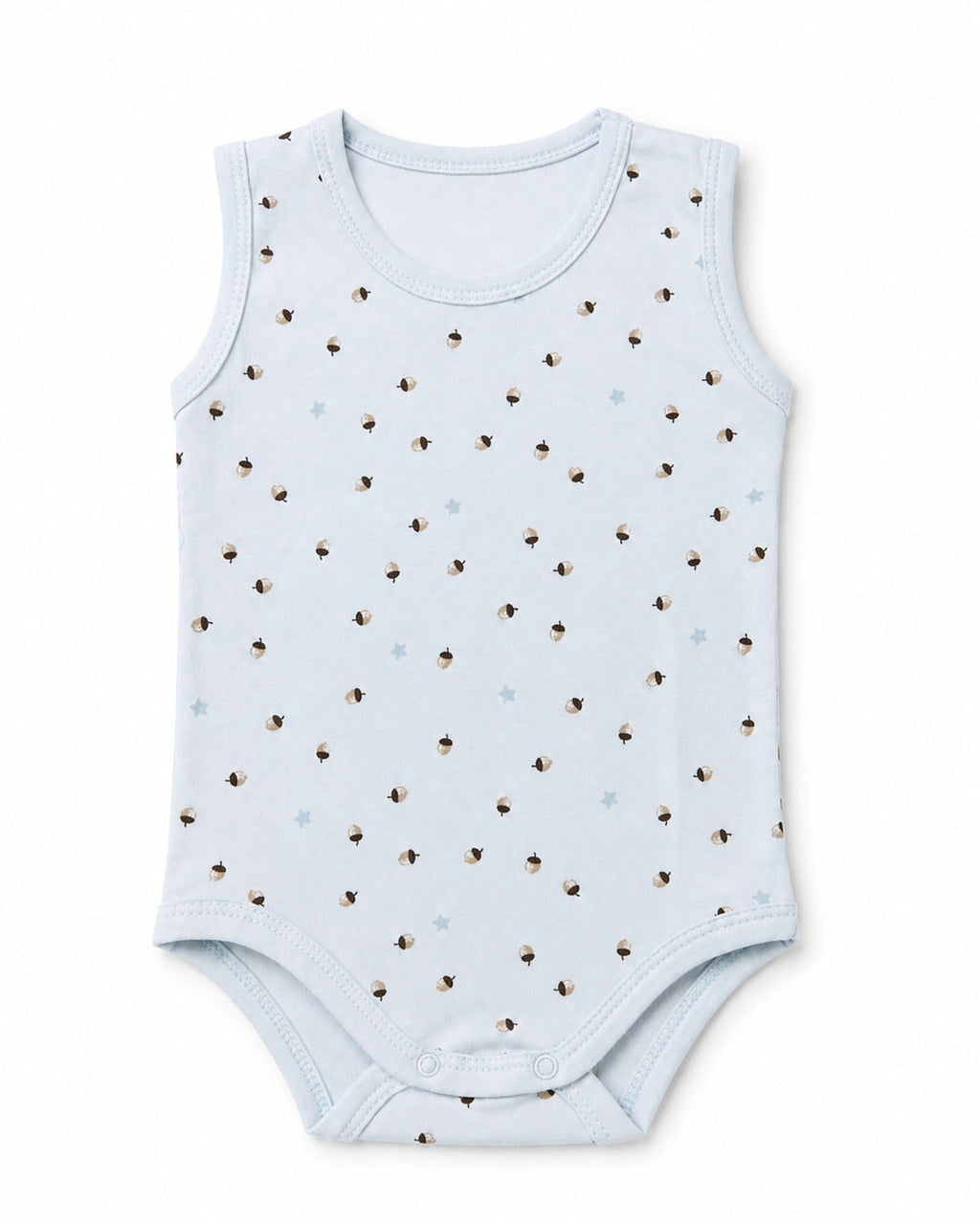 Sky blue sleeveless baby bodysuit with acorn and star print on pure white background – front view