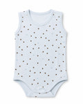 Sky blue sleeveless baby bodysuit with acorn and star print on pure white background – front view
