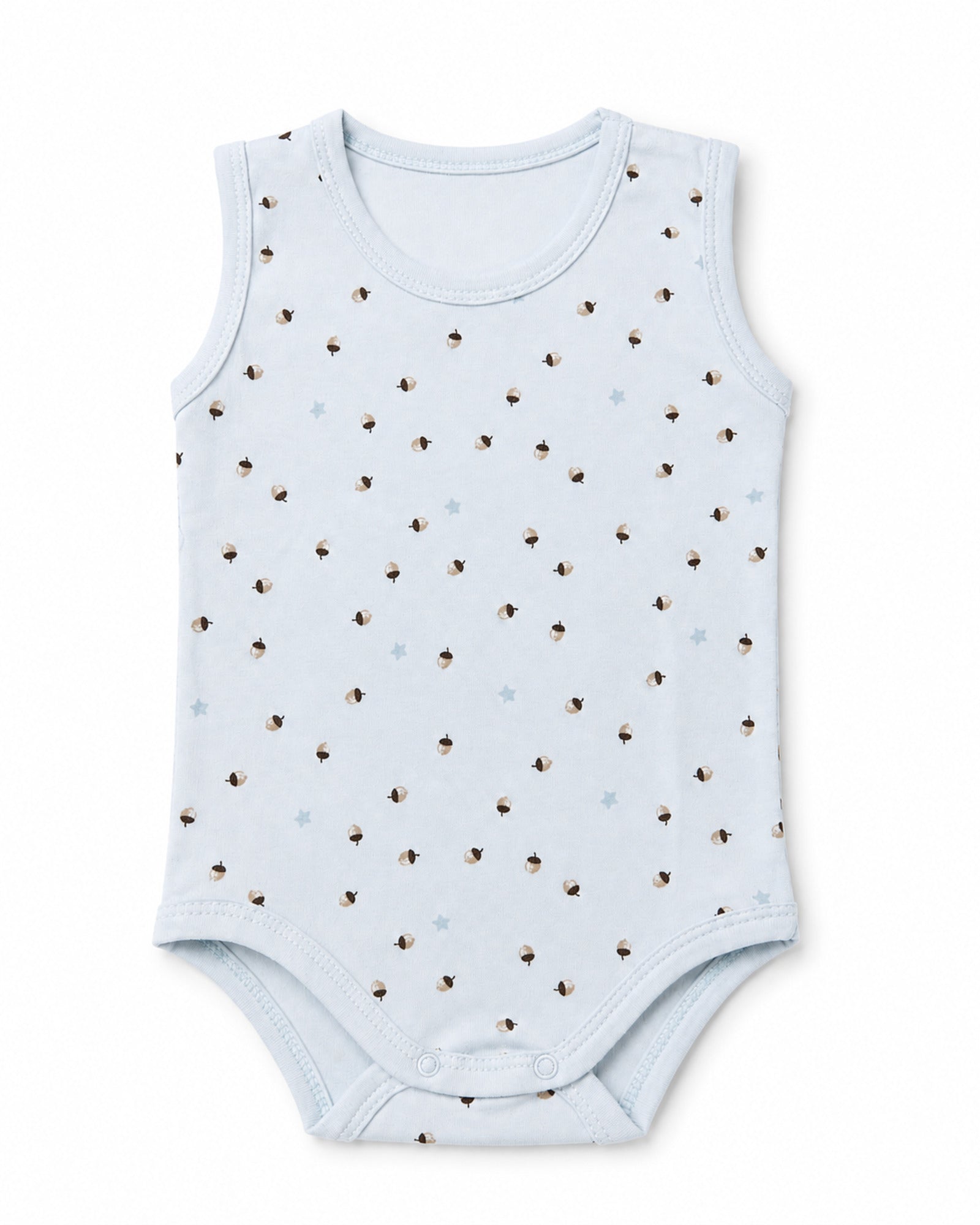 Sky blue sleeveless baby bodysuit with acorn and star print on pure white background – front view