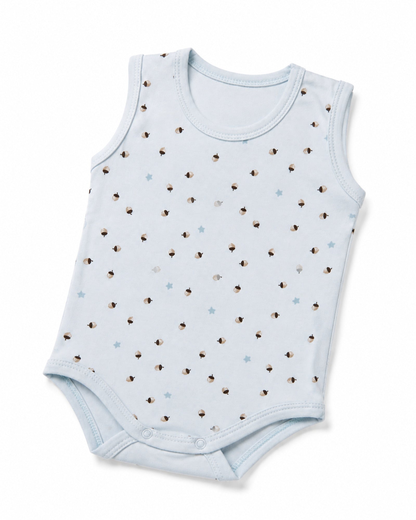 Sky blue sleeveless baby bodysuit in angled composition on pure white background
