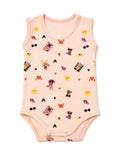 Pale rose sleeveless baby bodysuit with playful seaside friends print, front view on white