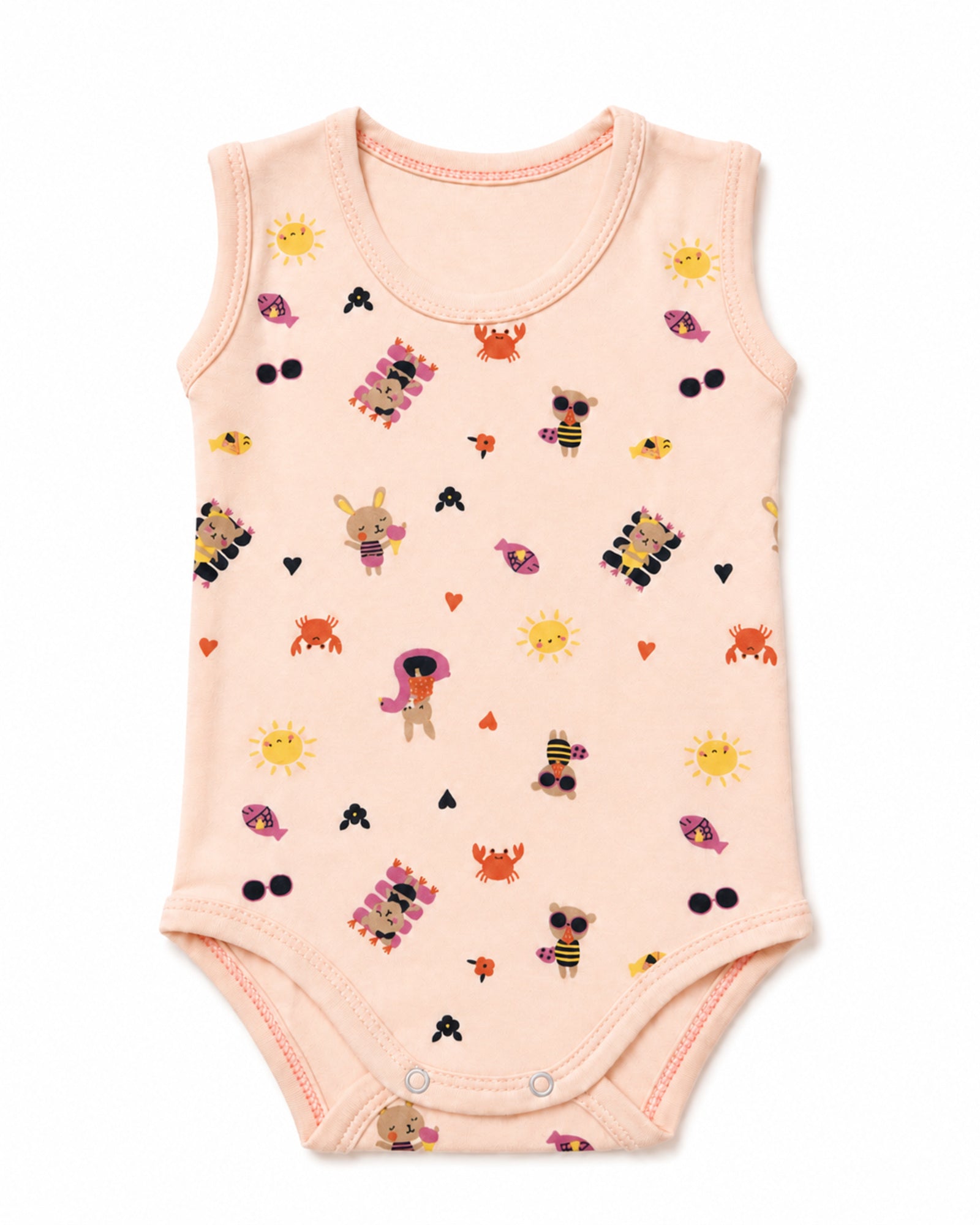 Pale rose sleeveless baby bodysuit with playful seaside friends print, front view on white
