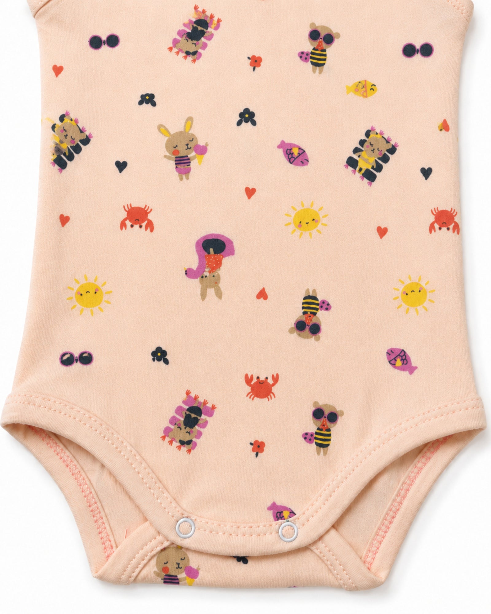 Pale rose baby bodysuit print, stitching and two-snap fastening detail on white