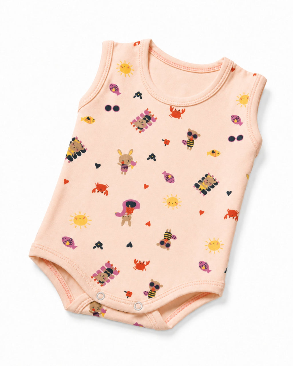Pale rose sleeveless baby bodysuit, folded composition on white