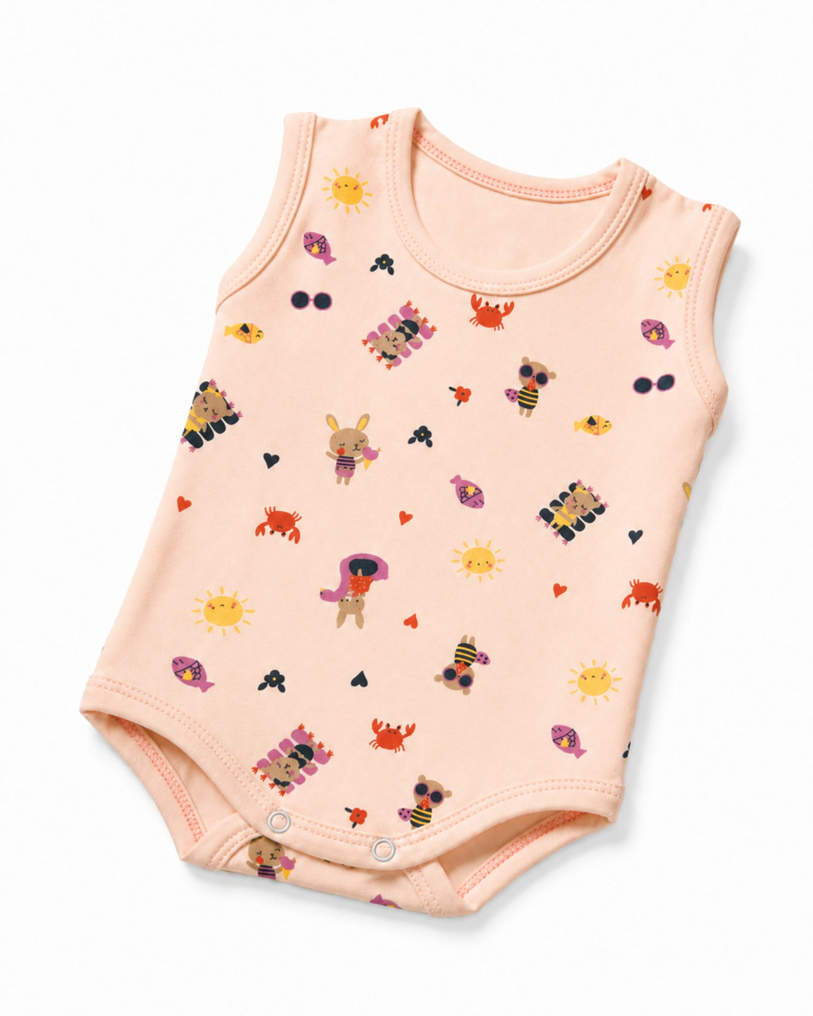 Pale rose sleeveless baby bodysuit, folded composition on white