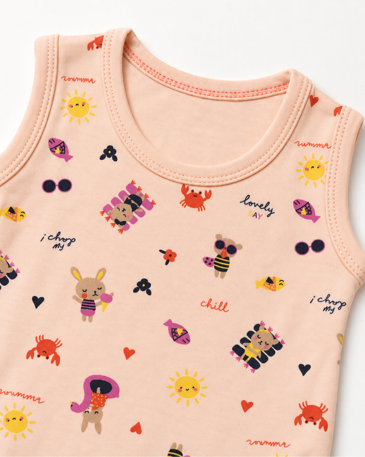 Pale rose seaside friends bodysuit neckline, print and binding detail