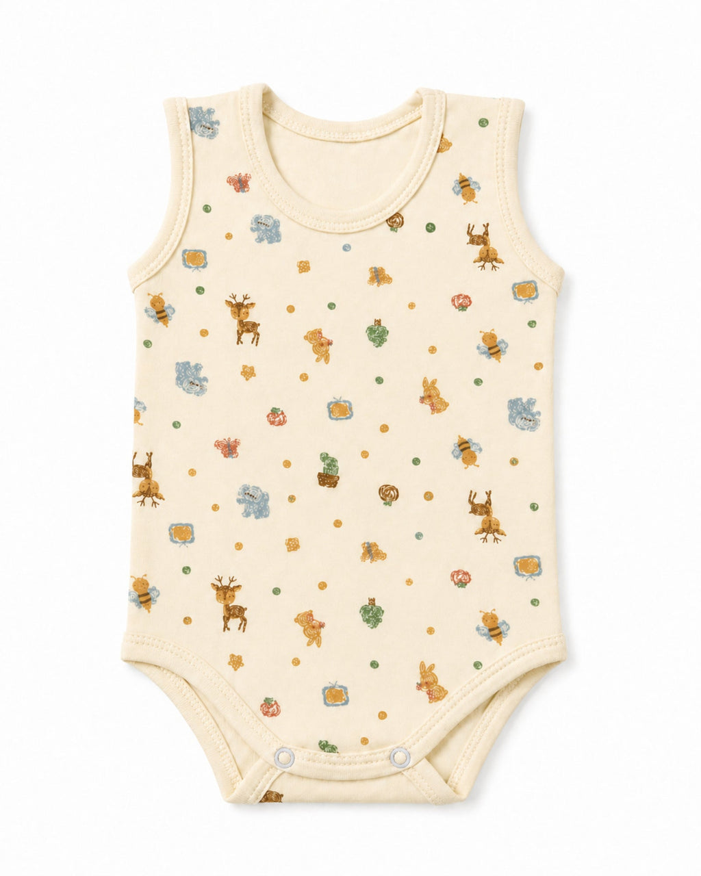 Cream sleeveless baby bodysuit with woodland friends print, front view on white