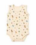 Cream sleeveless baby bodysuit with woodland friends print, front view on white