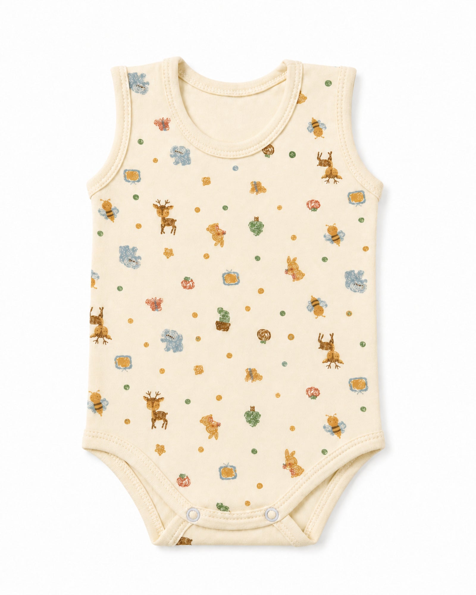 Cream sleeveless baby bodysuit with woodland friends print, front view on white